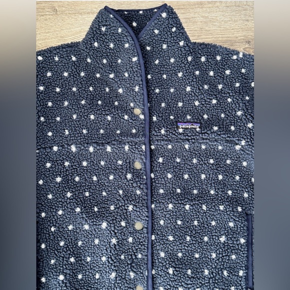 Patagonia Jacket Womens Small Snap Front Retro X Blue Polka Dot Sherpa Fleece - Picture 2 of 9